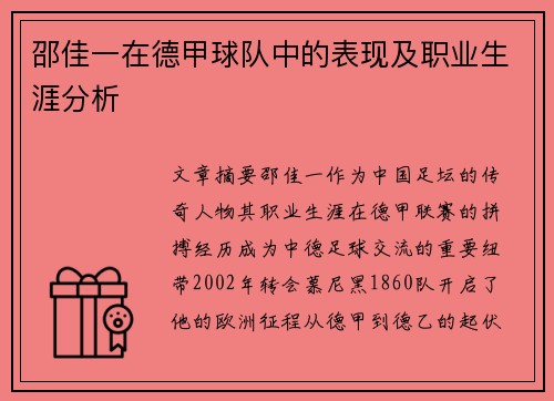 邵佳一在德甲球队中的表现及职业生涯分析