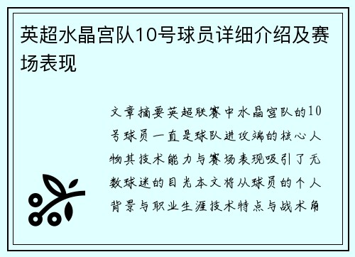英超水晶宫队10号球员详细介绍及赛场表现